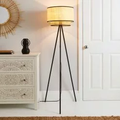 Dunelm Malika Cane 2 Tier Tripod Floor Lamp